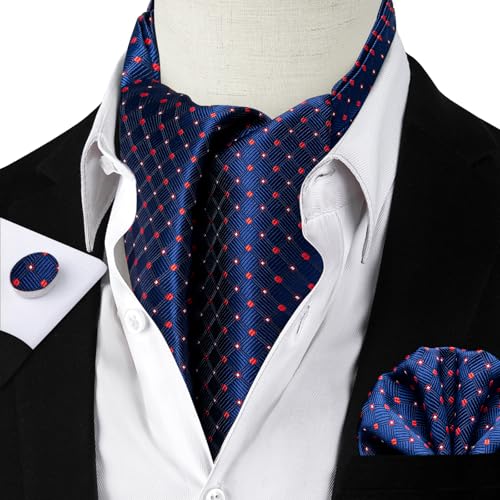 Image of DiBanGu Mens Silk Ascot Ties Paisley Jacquard Woven Cravat and Pocket Square Cufflinks with Lapel Pin for Business Wedding