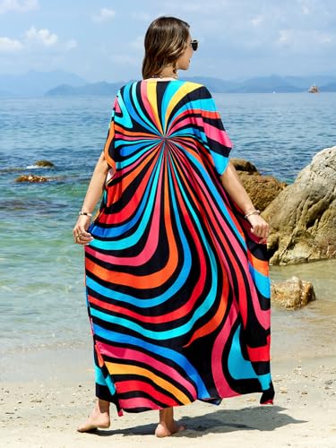 Image of sunforyou Kaftan Dresses for Women Plus Size Lightweight Swimsuit Cover up Batwing Sleeve Print Loungewear Beach Robe