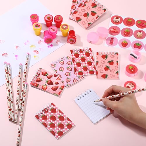 Sayglossy 371 Pcs 32 Guests Strawberry Party Favors Includes Gift Bags Pencil Notebook Sharpener Bracelet Rings Keychain Puffy Stickers Stamper for Baby Shower Birthday Party Filler Reward by Sayglossy - Used condition - Image 4