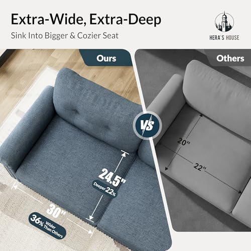 Image of HERA'S HOUSE 116.11 inch Mid-Century Modern Couch with 2 Swivel Accent Chairs, Oversized Sectional Couch for Living Room, 3-Seater Deep Seat Sofa with Throw Pillows, Linen Cyan Sofa & Corduroy Beige Chair