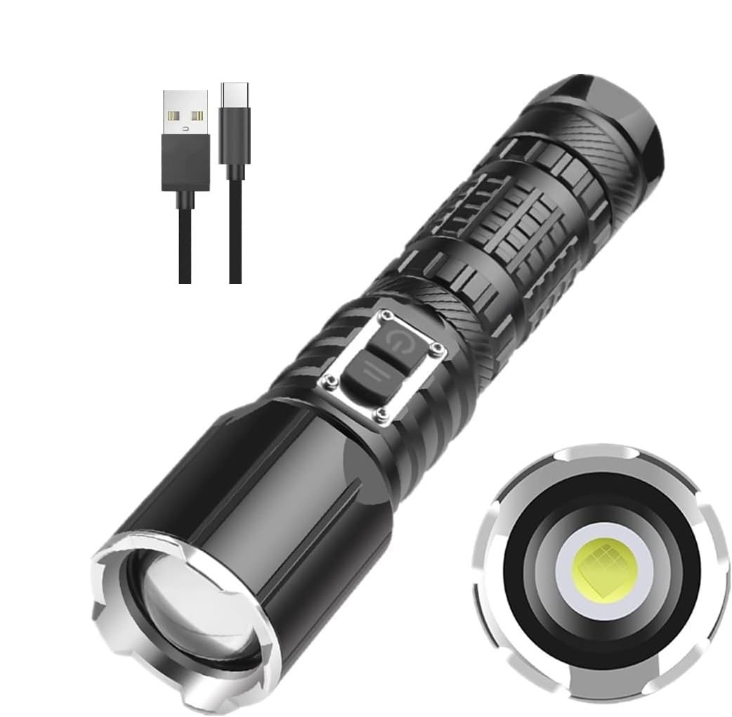 XLENTGEN LED Torch USB Rechargeable, Super Bright 20000 Lumen 5 Lighting Modes, Powerful Zoomable Waterproof Tactical Torch Flashlight for Camping Hiking Emergency