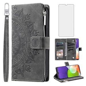 Phone Case for Samsung Galaxy A22 4G 6.4 inch Wallet Cover With Tempered Glass Screen Protector and Wrist Strap Mandala Flower Flip Zipper Card Holder Cell M32 M22 F22 A 22 22A G4 Women Men Grey
