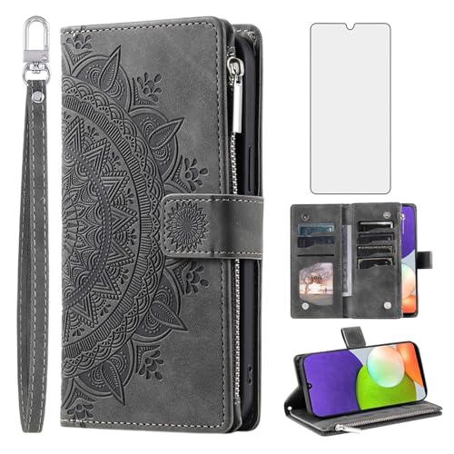 Phone Case for Samsung Galaxy A22 4G 6.4 inch Wallet Cover With Tempered Glass Screen Protector and Wrist Strap Mandala Flower Flip Zipper Card Holder Cell M32 M22 F22 A 22 22A G4 Women Men Grey