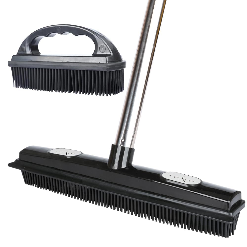 Chanhoo Black Rubber Broom And Pet Hair Brush Set, Pet Hair Removal Broom And Brush, Fur Remover Push Broom With Squeegee,Use For Carpet
