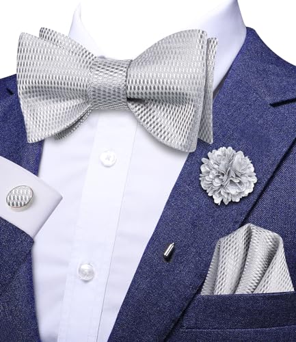 Image of Dubulle Self Tie Bow Ties and Lapel Pin for Men Paisley Solid Mens Bowtie and Handkerchief Cufflinks Set Wedding