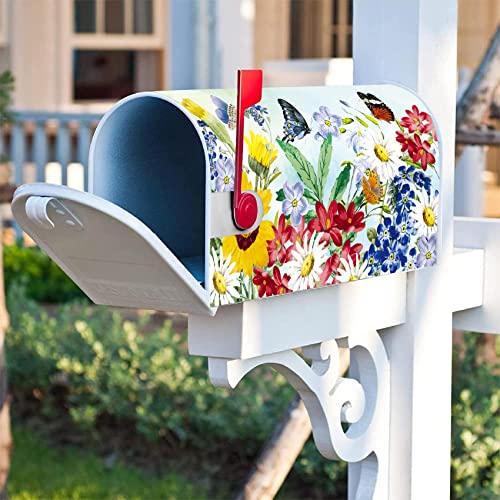 Image of Texupday Spring Summer Flower Butterfly Decoration Mailbox Cover with Magnetic Strip Colorful Floral Blooms Mailbox Wraps Post Letter Box Cover Standard Size 21 inch X 18 inch for Garden Outdoor Yard Decor