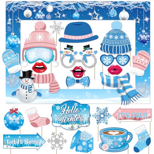 Biswiter Winter Photo Booth Props, 26Pcs Winter Wonderland Photo Booth