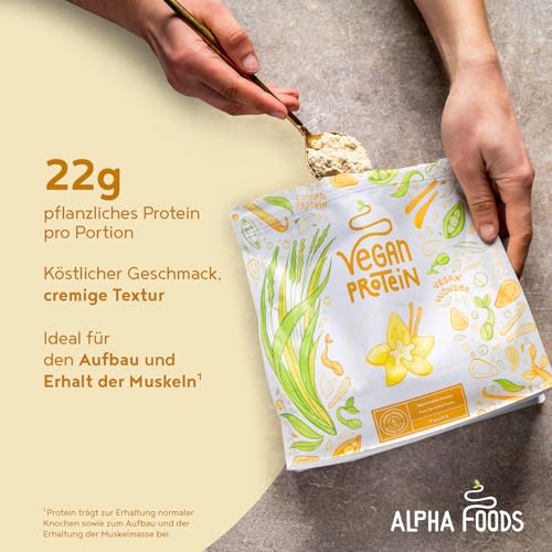 Alpha Foods Vegan Protein Pulver, 1200g, 22g Proteingehalt pro Portion, Vanille Geschmack, 40 Shake Portionen, pflanzliches Proteinpulver, optimales Aminosäurenprofil