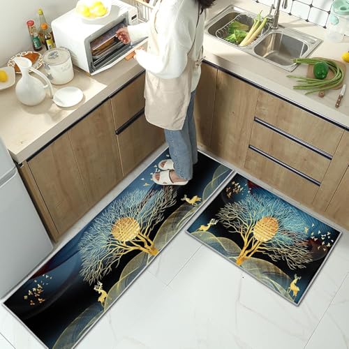 Image of YAGVIZ 2Pcs Washable Kitchen Mat Sets,Anti Fatigue Kitchen Rugs Runner Non Slip,Water Absorbent Kitchen Floor Mat for Laundry,Bedroom