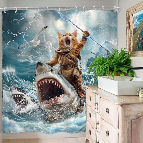 Image of Funny Cat Riding Shark Shower Curtain Ocean Waves 72Wx72H Inch Decor