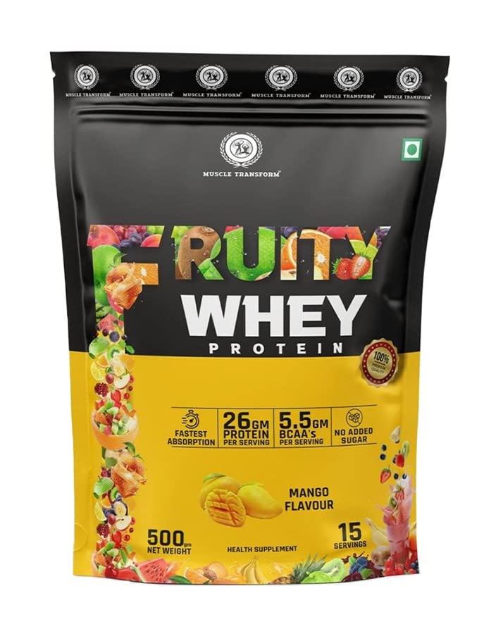 Fruity Whey Protein Isolate, 26g Protein, 5.5 BCAAs, 6g Glutamine, 15g EAA | Muscle-Building Whey Protein Supplement Powder, Refreshing Whey for Men Women [Mango, 500g]