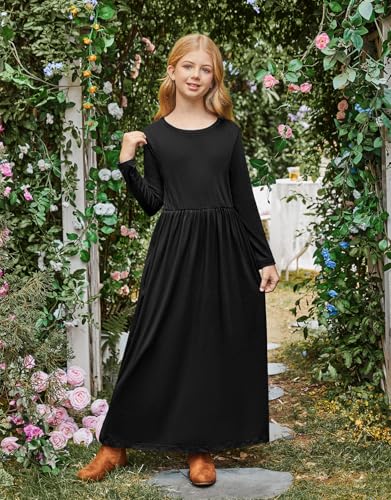 21KIDS Girls Maxi Dress Kids Solid Long Sleeve Casual Dresses with Pockets for Girls 6-12 Years2