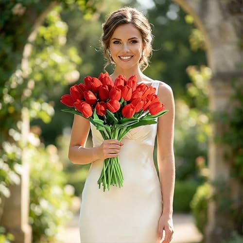 Image of 20Pcs Stems 13.5 Inch Bright Red PU Artificial Moisturizing Tulips, Faux Tulips Flowers for Thanksgiving Christmas Decorations Wedding Home Table Vase Floral Arrangements