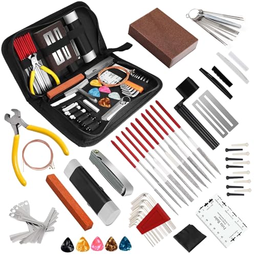 72PCS Guitar Tool Kit,Professional Guitar Repairing Maintenance Tool Kit with Guitar Strings Picks Bridge Pins Gauge Guitar Accessories Gifts for Acoustic Guitar Electric guitar Ukulele Bass Banjo