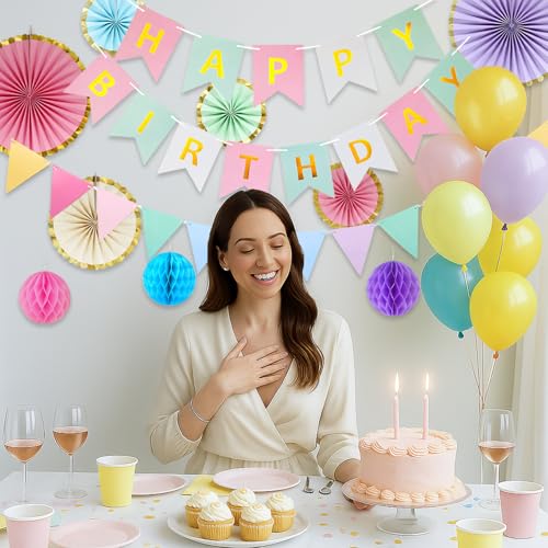 Image of Pastel Birthday Party Decoration, Macaron Happy Birthday Party Decoration for Girls Women with Happy Birthday Banner Bunting Hanging Paper Fans, Girl Woman Pastel Birthday Honeycomb Decoration