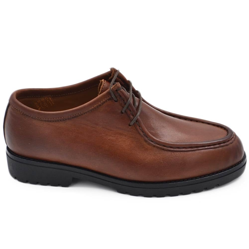 Scarpa Uomo Modello Ingegnere in Vera Pelle Cuoio Abrasivato con Gomma Nera Ultraleggera E Lacci Tono su Tono