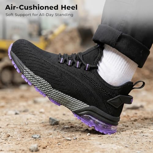 Image of SPIEZ Safety Shoes for Women, Composite Toe Work Shoes with Air Cushioned Comfort, Lightweight Puncture Proof Safety Sneakers for Work and Daily Wear, Black Pink /Purple US4.5-10