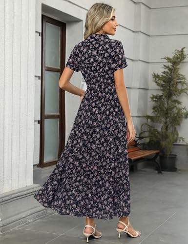 Image of Kranda Women 2026 Summer Collared V Neck Short Sleeve Button Down Chiffon Long Tiered Floral Maxi Dress with Pockets