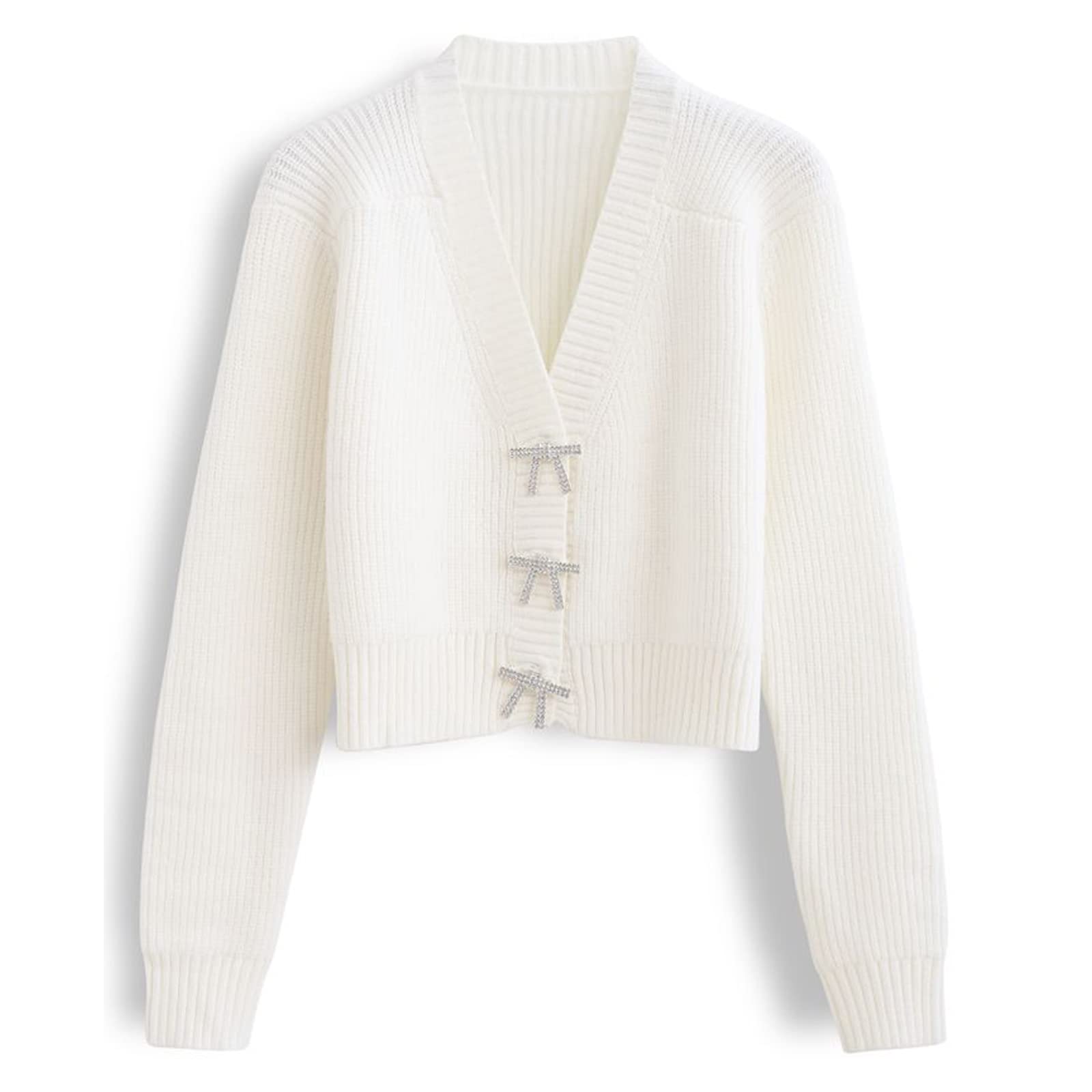 CHICWISH Women Crop Cardigan Sweaters Bowknot Brooch Button Knit Cardigans Open Front Long Sleeves Sweater Tops