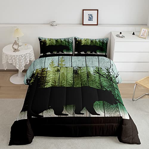 Black Bear Comforter Set,Rustic Bedding for Children Women Men, Wild Animal Bear Sketch Drawing Decor Bedding,Old Barn Door Decor Farmhouse Duvet Insert Green Nature Botanical Bedding, Queen