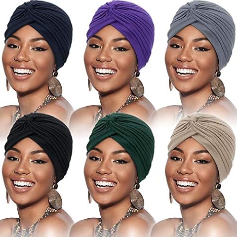 6 Pieces Turbans for Women Soft Turban Head Wrap Pleated Beanie Cap (Black, Dark Blue, Beige, Gray, Purple, Navy Blue) Cover