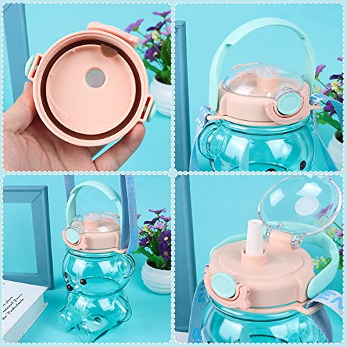Image of 1 Liter Capacity Cartoon Teddy Bear Water Bottle Sipper Water Bottle Portable Mouth With Straw, Sticker, Strap Smile Teddy Bottle - Multi Color