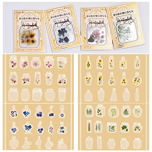 120 Stück selbstklebende Blumen PET Aufkleber Set, transparente dekorative Aufkleber, Scrapbook Vintage Aufkleber für Notizbuch, DIY Kunsthandwerk Bullet Journals Laptops Kartenherstellung (A) Cover