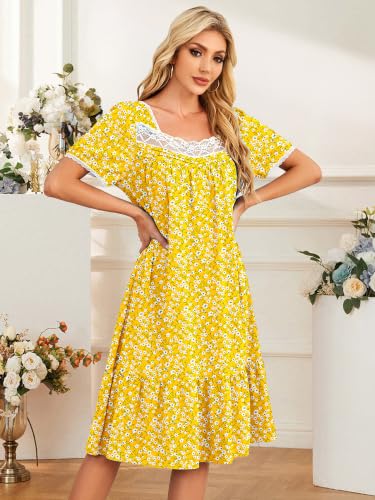 Image of CRIPOM Long Nightgowns for Women Lace Collar Floral Print House Dresses with Pockets S-3XL