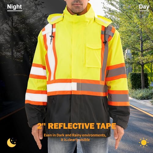 Image of Reflective Rain jackets for men waterproof,Hi Vis Safety Coat With Reflective Strips,High Visibility Class 3 Rain jackets With 2 large pockets,Zipper,Lime,2XL /3XL