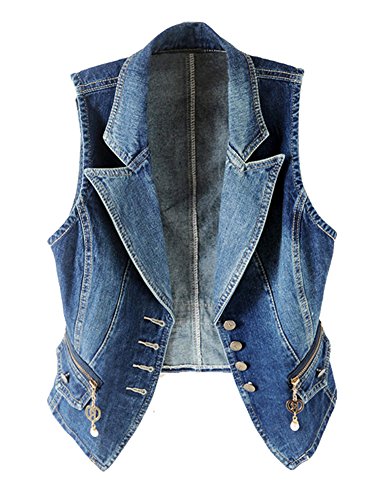Kedera Women's Lapel Washed Blue Denim Vest Button Up Waistcoat Jean Jacket