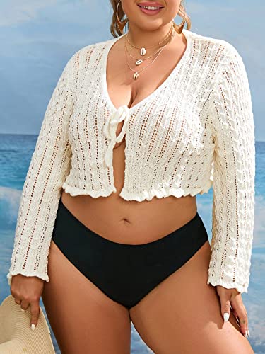 Floerns Women's Plus Size V Neck Long Flounce Sleeve Tie Front Knit Crop Cardigan4