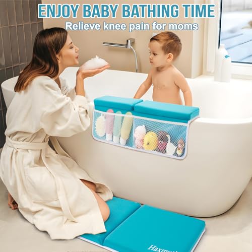 Image of Bath Kneeler and Elbow Rest Pad Set, Thick and Quick Dry Kneeling Pad Support for Knee and Arm, Extra Large Baby Bath Kneeler Pads Bathtub Mat with Toys Organizer for Baby Bath Time, Blue