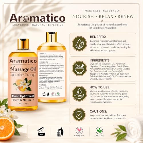 Image of AROMATICO Jasmine Orange Massage Oil. Sensual Oil for Date Nights & Mood Upliftment. Intimate, Romantic Massage Oil for Couples. Non-sticky, 100% Natural - 300ml Pack of 2