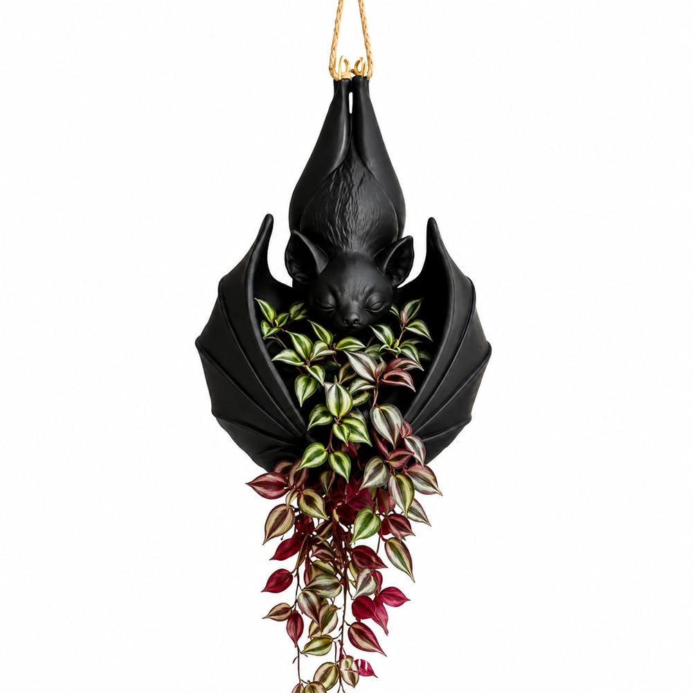 Hanging Bat Plant Pot 3D Printed Gothic Planter Matte Black
