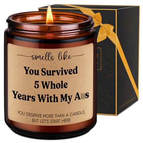 LEADO 5th Wedding Anniversary Candle - 5 Year Marriage Wood Themed Gifts for Husband Wife, 5 Year Anniversary Candle Gifts for Him Her - 5th Anniv. Funny Present for Couple, Women, Men, BF, GF