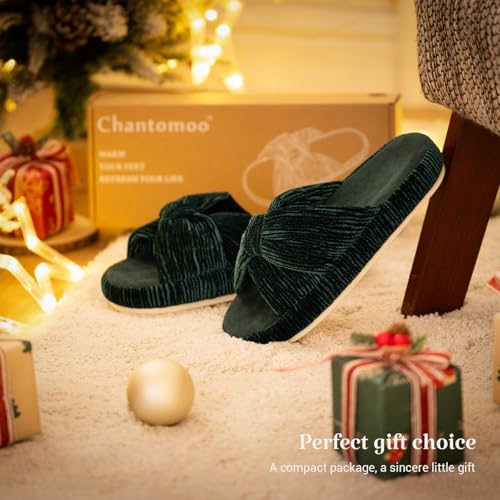 Image of Chantomoo Slippers for Women Memory Foam House Bedroom Corduroy Bow Crossbands Slipper Shoes Comfy Trendy Gift Slippers
