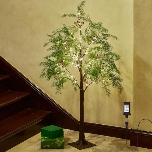 Fudios Cypress Christmas Tree Lights 90 LED Fairy Lights 4FT Plug in, Lighted Artificial Small Pine Trees with Red Berry for Home Holiday Decoration Outdoor
