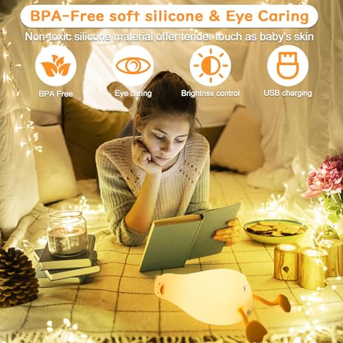 Image of Desidiya Rechargeable Silicone Lying Duck Night Lamp - Touch-Control LED Light with Color-Changing Feature, Multicolor Nightlight for Kids' Bedroom Decor, Perfect Baby Gift