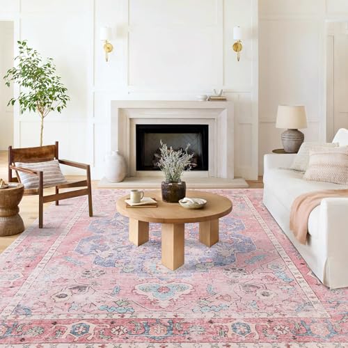 Image of Medallion Area Rug - Honeycomb Non-Slip Backing Rug Foldable Faux Wool Carpet Machine Washable Area Rugs for Living Room Bedroom Dining Room Home Office(8'x10', Ocean /Pink)
