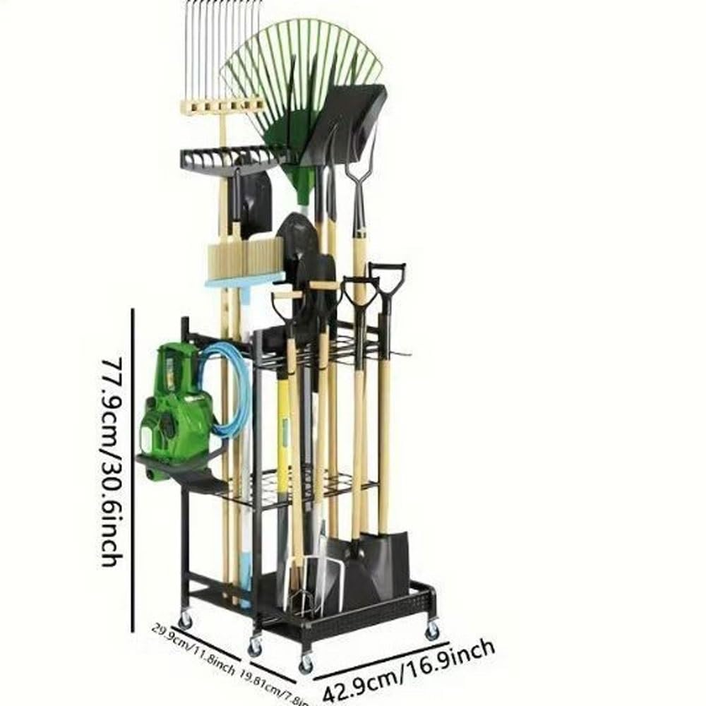 Scaffale per attrezzi resistente, organizer da garage con ruote per attrezzi da giardino, rastrelli, pale e attrezzature con manico lungo
