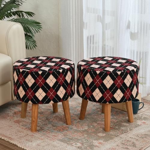 Image of NACIA Printed Ottoman Stool Set of 2 | Soft Cushioned Velvet Pouf Footrest with Wooden Legs | Decorative Seating Stool for Bedroom Living Room Home & Office (16x16x17 Inch, Maroon Cross)