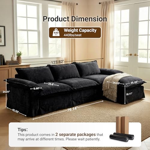 Image of Claiks 123 inch Modular Boneless Couch, L Shaped Couch for Living Room, Modern Deep Seat Sofa 3 Seater Chenille Fabric Comfy Cloud Couches with Movable Ottoman, Black