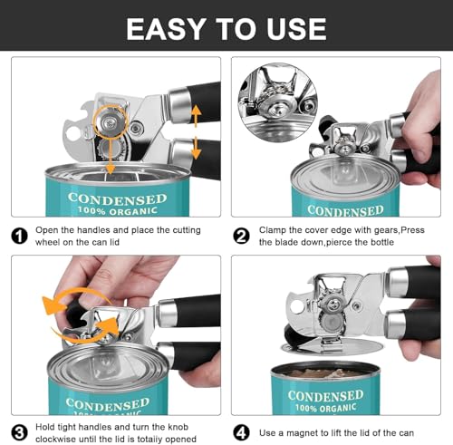 Apriscatole Manuale Con Magnete, Apriscatole Portatile in Acciaio Inox, 3 in 1, Multifunzione, Apribottiglie Con Manico Antiscivolo e Manopola Ergonomica, per Anziani - immagine 5