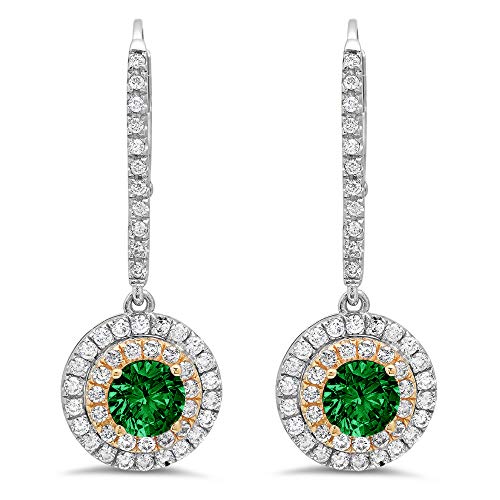 2.52 Ct Brilliant Round Cut Double Halo Solitaire Flawless Genuine Simulated Cz Green Emerald Gemstone Vvs1 Ideal Pair Of Leverback Drop Dangle Designer Earrings Solid 14K 2 Tone Gold #TOP1