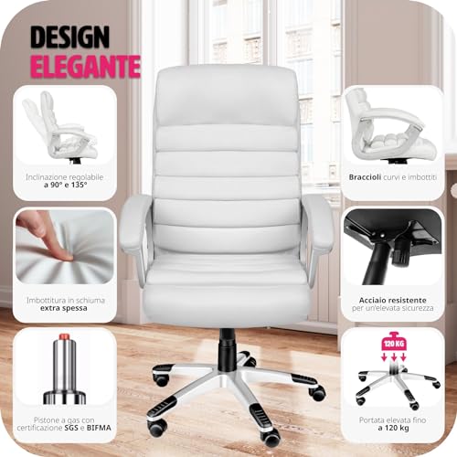 ®, Sedia Ufficio Elegante e Confortevole, Design a Onde, Poltrona Doppia Imbottitura, Altezza Regolabile, Girevole 360°, Sedia Scrivania Ergonomica - Bianco - Sedia gaming - Immagine 7