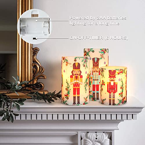 Image of Nutcracker Christmas Flameless Candles Battery Operated Flickering LED Candles with Remote Timer, Real Wax Pillar Candles for Holiday Party Home Decoration Christmas Gifts, Set of 3