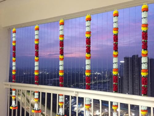 Image of Artificial White Gajra Jasmine & Colourful Flower Strings for Wedding Decorations, Event Decor Perfect for Diwali, Ganpati & Pooja /Temple /Mandir Decoration, 5ft (6, Pink-Marigold - 5ft)