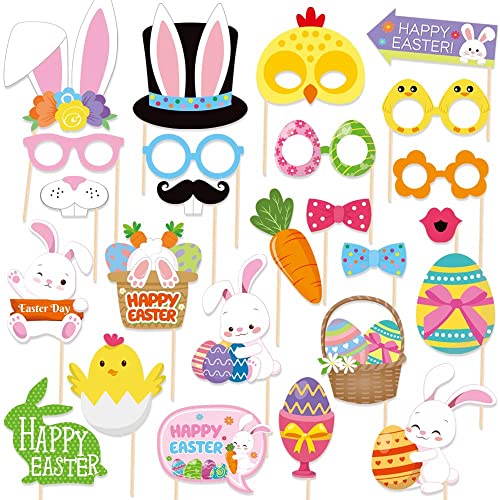 25 PCS Easter Photo Booth Props,25 Pcs Happy Easter Photo Props for Photoshoot, Egg...