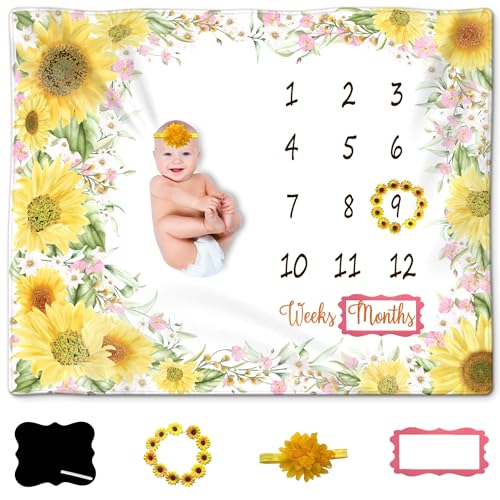 Image of KEMINA BLANKETS Baby Monthly Milestone Blanket Girl, Boy - Sunflower Milestone for Baby Girl Includes Wreath, Headband and Frame, Month Blanket Floral Nursery Decor 50x40