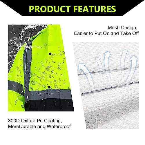 Class 3 High Visibility Rain Suit With Detachable Hood Waterproof Lime Reflective Safety Worker Jacket & Pants (L/XL Yellow) - Image 5
